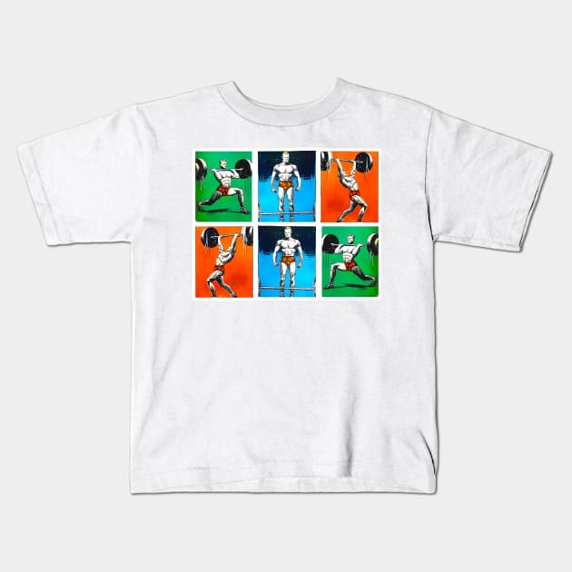 Bodybuilder gym boy with dumbbells Kids T-Shirt by Marccelus